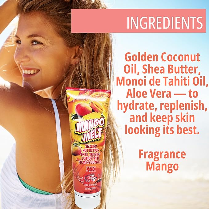 Mango Melt Sizzling Hot Action Dark Tanning Lotion, 8 fl oz, For Indoor or Outdoor Sunning