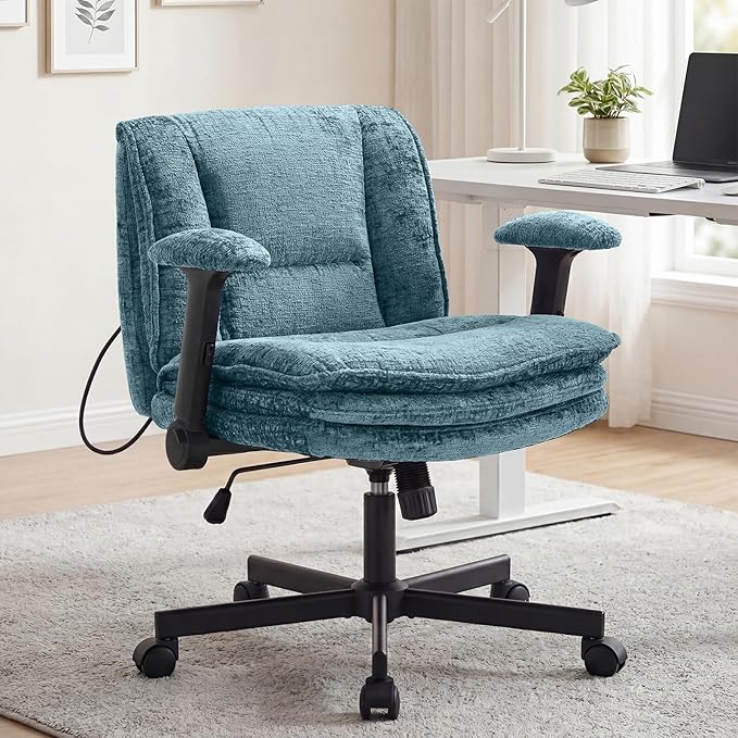 Criss Cross Chair with Wheels and Flip Arms, Upholstered Cross Legged Office Chair with 3 Layer Cushions&Dynamic Airbag Lumbar Support, Wide Seat Comfy Desk Chair for Home Office,Living Room,Turquoise