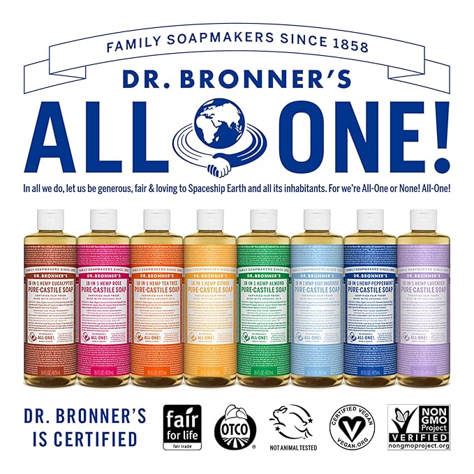 Dr. Bronner's Pure-Castile Magic Soap Liquid (Almond, 16 Ounce) - Made with Regenerative Organic Certified Oils, 18-in-1 Uses: Face, Body, Hair, Laundry, Pets and Dishes, Concentrated, Vegan, Non-GMO