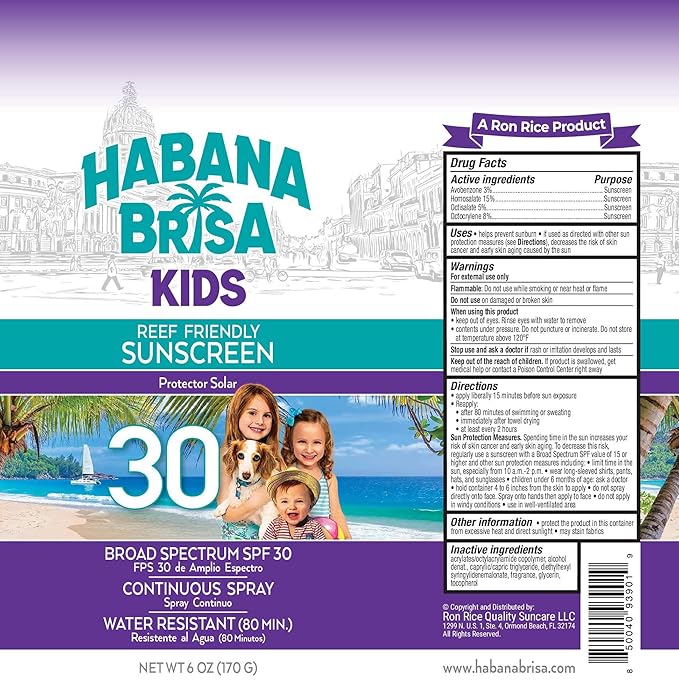 Habana Brisa Kids Reef Friendly Sunscreen Spray, Broad Spectrum SPF 30, Water Resistant, Kids Mineral sunscreen, UVB/UVA Non-Toxic Sun Protection for Kids & Sensitive Skin, 6 oz (1 Pack)