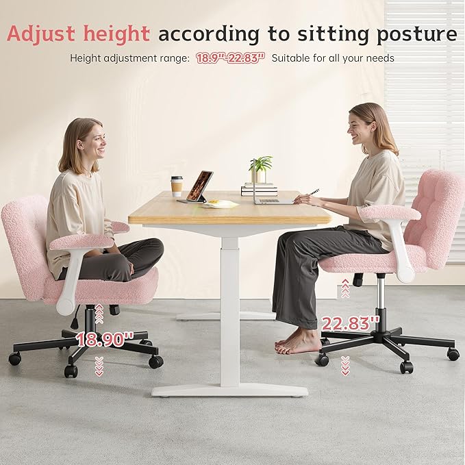 Criss Cross Chair with Wheels and Flip-up Arms, Adjustable Height, Teddy Plush Fabric,Pink, for Bedroom, Home Office, Apartment,Vanity