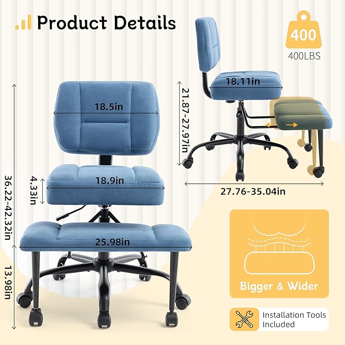 Criss Cross Legged Office Chair with Wheels,Swivel Meditation Chair for ADHD,Ergonomic Desk Chair with Thicken Adjustable Footstool,Fabric Sitting Fidgeting Kneeling Chair for Home Yoga Blue