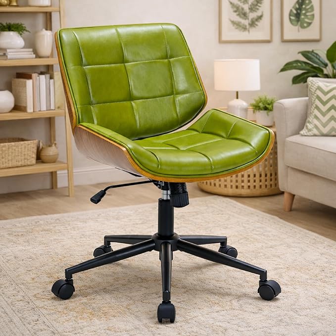 Mid-Century Modern Home Office Chair,Accent Ergonomic Desk Chair with Walnut Finish&PU Leather,Armless Executive Computer Chair with 360° Swivel Rolling Wheels for Vanity, Bedroom&Workspace (Green)
