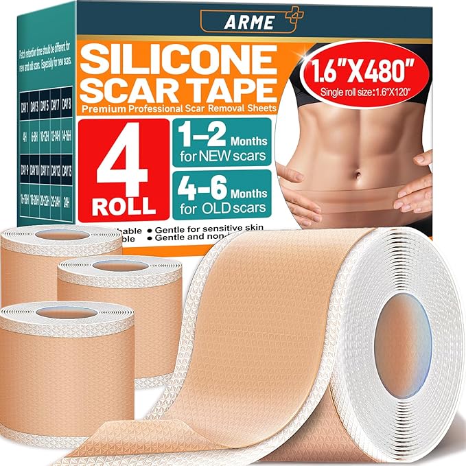 Arme Silicone Scar Tape, 1.6"x480" Silicone Scar Sheets(4 Rolls-12M) Medical Grade Scar Tape for Surgical Scars, Reusable Scar Patches, Professional Scar Removal Strips for C-Section Keloid Tummy Tuck