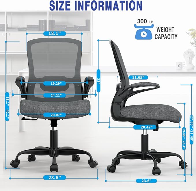 Mimoglad Ergonomic Office Chair - Desk Chair with Flip-up Armrests & 135° Recline, Adjustable Lumbar Support - Space-Saving Task Chair for Business/Team Office & Home (Iron Gray, 300lbs)