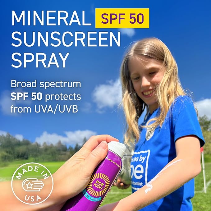 BOB KIDS SPF 50 Sun Spray + SPF 30 Brush On Powder Sunscreen, Mineral Sun Protection, Broad Spectrum, Water Resistant, Fragrance Free, Reef Friendly