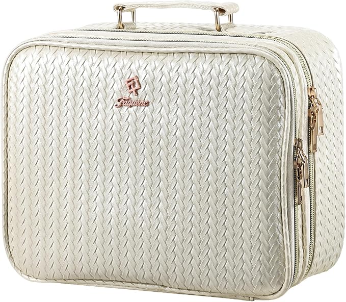 Makeup Bag with LED Lighted Mirror 12.2 IN Cosmetic Train Case Double Layer Makeup Case Adjustable Brightness in 3 Colors Cosmetic Organizer Artist Storage with Brush Holder Vanity Beige