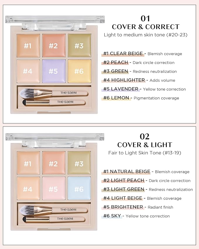 THESAEM Cover Perfection Concealer Palette - 01 Cover and Correct for Medium Skin Tones 20-23 - 6-Color Multi Concealer Palette with Dual Brush - Korean Makeup for Blemishes, Dark Circles & Redness
