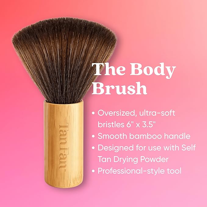 Self Tan Drying Powder Body Brush - Essential Accessory To Remove Stickiness from Self Tanner - Sets Tan + Smooths Skin - Eco Bamboo Handle - Hypoallergenic Ultra-Soft Bristles - XLarge 6” x 3.5”