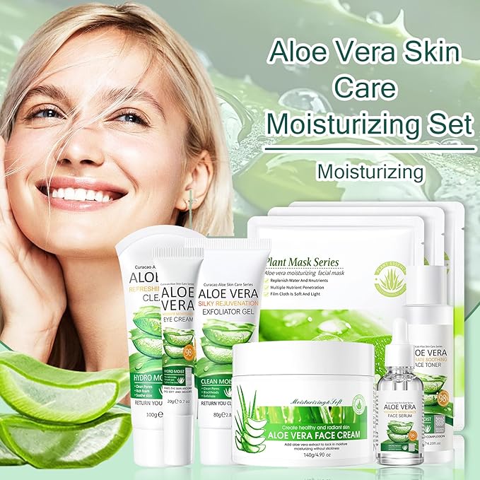 Aloe Vera Face Skincare Set,9 Pcs Aloe Vera Skin Care Set with Face Masks,Exfoliating Gel, Wash,Toner, Serum, Moisturizer Cream,Eye Cream,Moisturizing Skin Care Kit