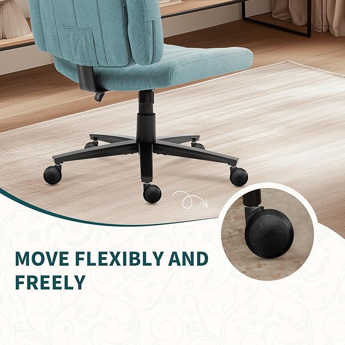 Blue Criss Cross Office Chair with Wheels, Ergonomic Wide Seat Vanity & Dressing Table Chair, Adjustable Arms Swivel Rolling Desk Chair for Women, Comfortable Cross-Legged Support