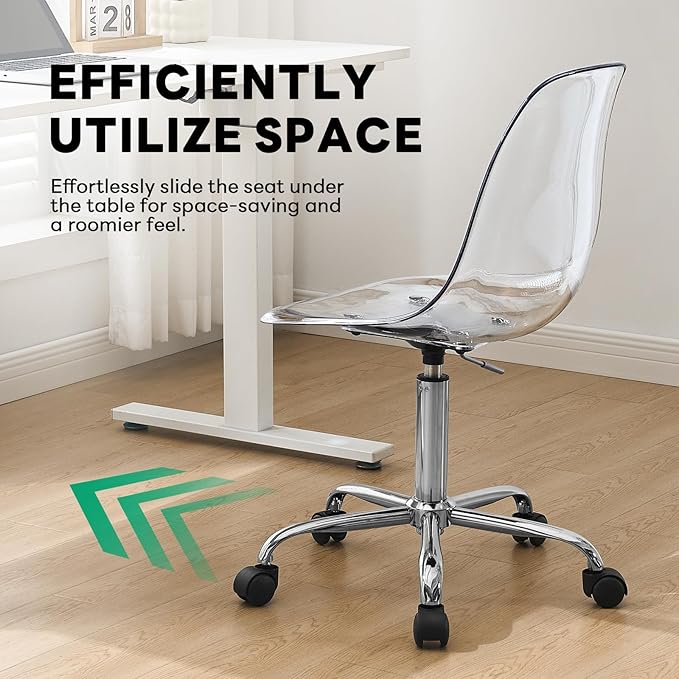 Lessmore Clear Acrylic Desk Chair, Modern Small Acrylic Home Office Chairs with Wheels, Armless Swivel Vanity Rolling Chair for Office, Home (Silver)