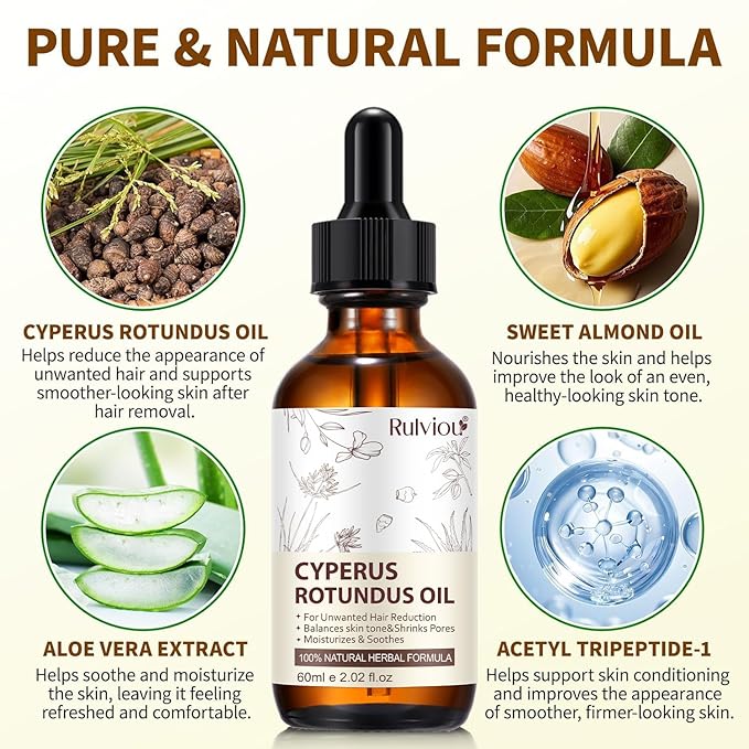 2 Pack Natural Cyperus Rotundus Oil for Hair Removal – Gentle & Effective Body Hair Growth Reducer, 4 fl.oz Bottles for All Skin Types, Non-Irritating Formula
