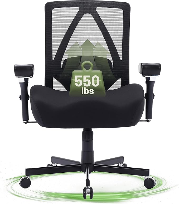Big and Tall Office Chair 550lbs, Ergonomic Desk Chair with W-Shaped Thick Seat Cushion&4D Armrest, Executive Mesh Desk Chair with Adjustable Lumbar Support, Swivel Task Chairs for Home Office Gaming