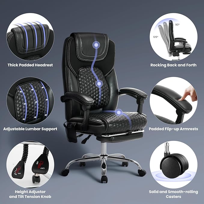Massage Office Chair with 3-Level Heat and Footrest – 20-Min Easy Assembly, 300 lbs Big and Tall Reclining Desk Chair, PU Leather Ergonomic Executive Computer Chair with Side Pocket, Black