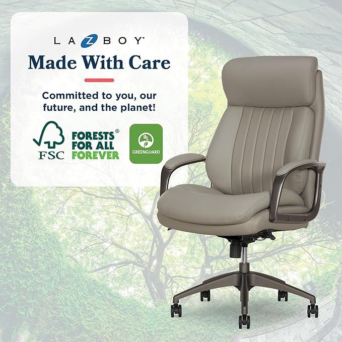 La-Z-Boy Nova Executive Office Chair - Ergonomic High Back Desk Chair with AIR Lumbar Support - Comfortable Computer Chair for Home Office - Vegan Leather - Gray