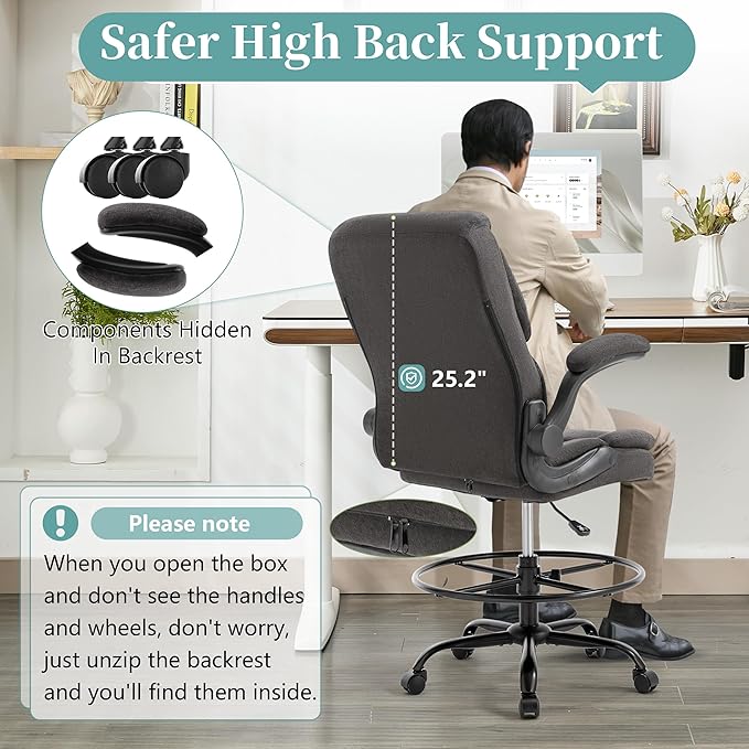 Ergonomic Drafting Chair, Tall Office Chair for Standing Desk, High Back Standing Desk Chair with Flip-Up Armrest, Adjustable Height & Foot Ring, Executive Fabric Extended Height Office Chairs, Black