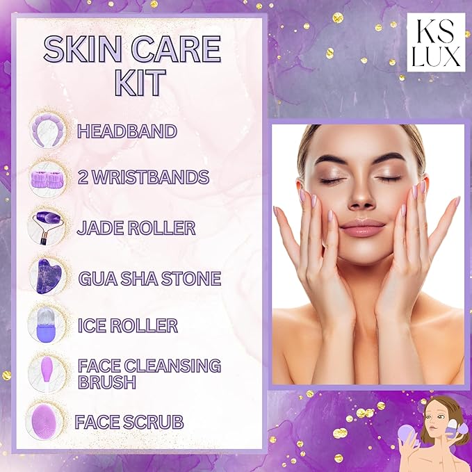 Skincare tools set, facial accessories for skincare, teen skin care kit with jade roller and gua sha set, self care tools, clean girl aesthetic gifts, face kits with gua sha and ice roller KS LUX