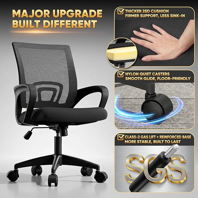 Magshion Ergonomic Office Chair Pack of 2, Mid-Back Mesh Desk Chair, Adjustable Swivel Computer Chair with Lumbar Support & Breathable Backrest for Gaming, Work, Study, 300 Lbs Capacity, Black