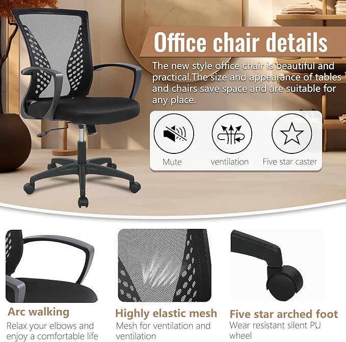 FDW Home Office Chair Mid Back PC Swivel Lumbar Support Adjustable Desk Task Computer Ergonomic Comfortable Mesh Chair with Armrest (Black)