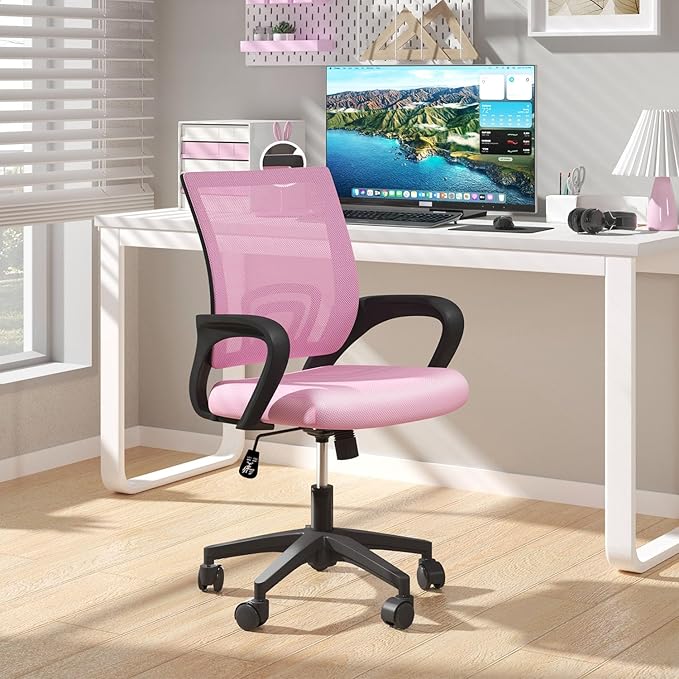 Home Office Chair, Ergonomic Mid-Back Mesh Desk Chair with Lumbar Support, Adjustable Swivel Rolling Design, Comfy Armrest for Work, Study, Gaming, Vanity, Pink