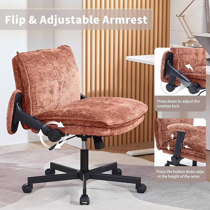 Cross Legged Office Chair, Height Adjustable Swivel Desk Chair with Flip-Up Arms, Padded Criss Cross Chair for Home Office & Bedroom