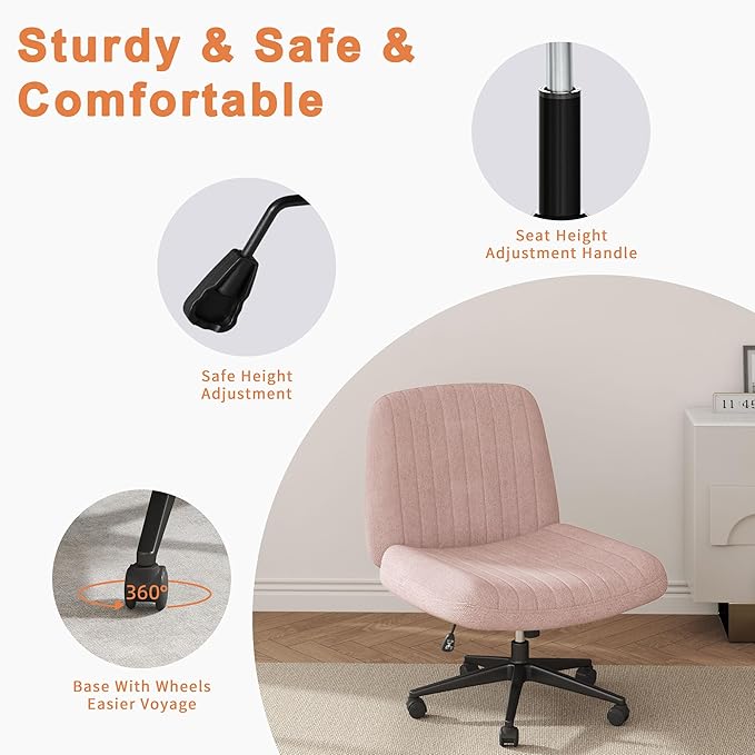Shintenchi Criss Cross Chair,Cross Legged Office Seat with Wheels Armless Swivel Vanity Chair,Height Adjustable Wide Computer Task Seating for Home Office,Pink ﻿
