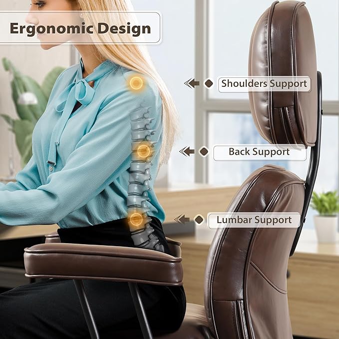 HOOOWOOO Mid Century Modern Ergonomic Office Chair, Comfy Executive Chair with Extra Wide Tufted Cloudy Seat, Lumbar Support, High Reclining Back, PU Leather Dark Brown