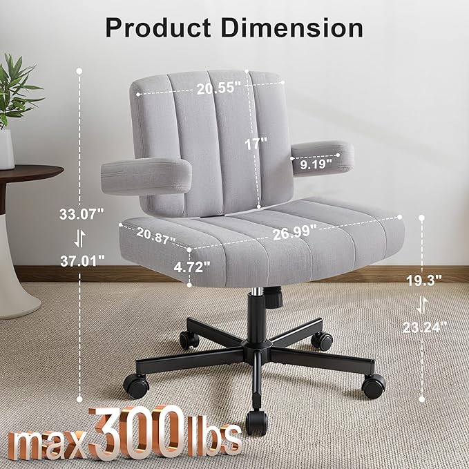 Criss Cross Chair with Wheels - Wide Seat Cross Legged Office Chair with Flip-up Arms - Comfy Swivel Rolling Desk Chair with Thick Cushion and Rocking Function for Home Office Vanity Bedroom