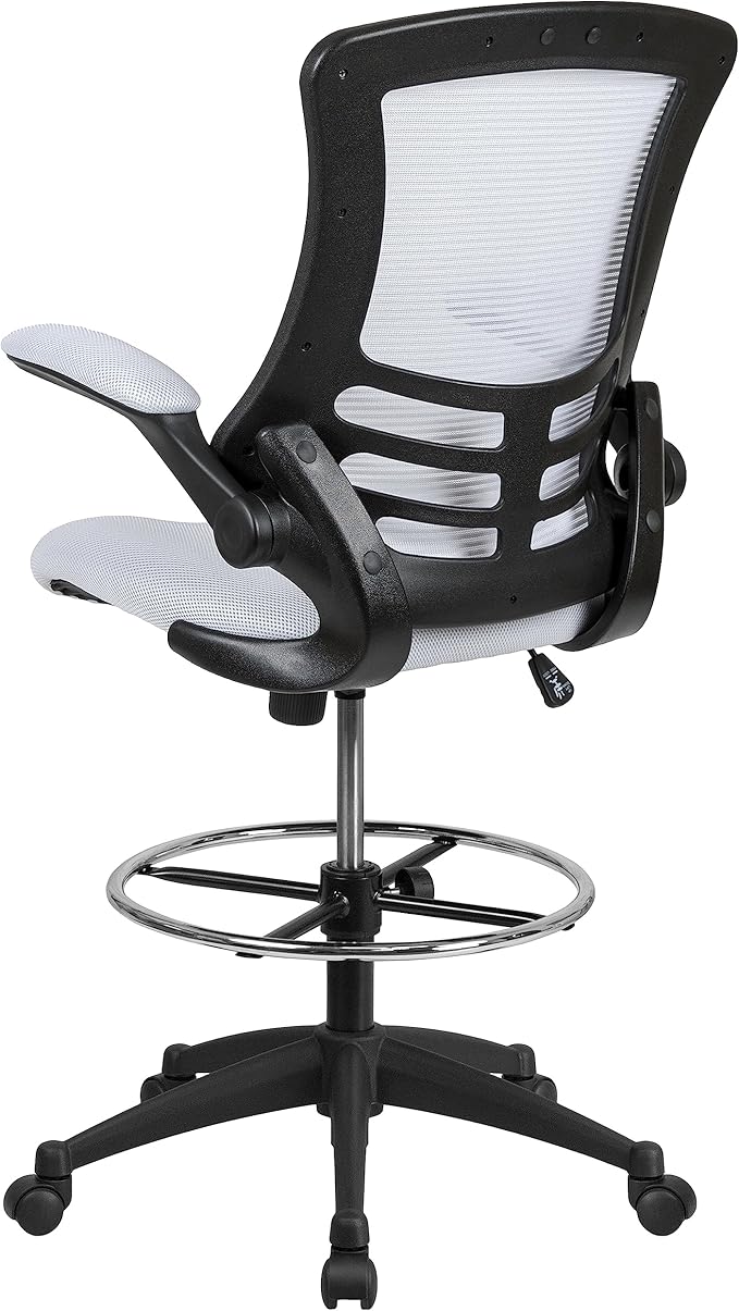 Flash Furniture Kelista Mid-Back White Mesh Ergonomic Drafting Chair | Adjustable Foot Ring, Flip-Up Arms | Comfort and Productivity
