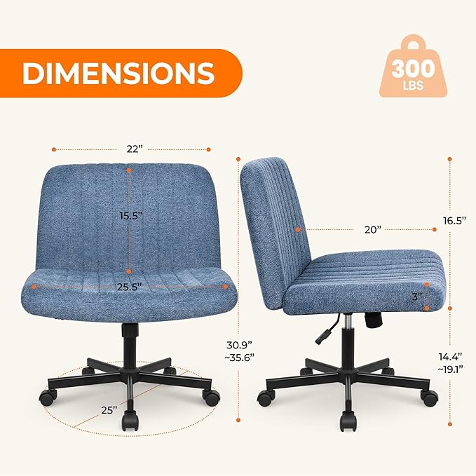 NEO Chair Criss Cross Chair with Wheels Home Office Cross Legged Armless Chairs Ergonomic Adjustable Computer Desk Task Wide Seat for Bedroom Vanity Comfy Swivel (Blue)