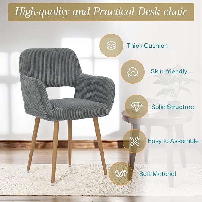 HENJIANYI Home Office Corduroy Desk Chair, Makeup Vanity Chair, Comfy Accent Armchair with Wood Grain Metal Legs, Cute Dining Chair with Hollowed Back, Dark Gray