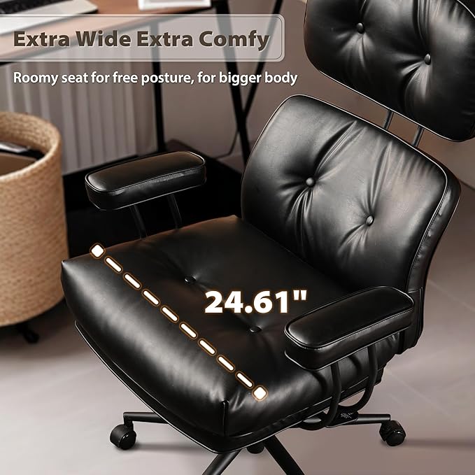 HOOOWOOO Ergonomic Office Chair,Mid Century Modern Computer Desk Chair,Comfy Executive Chair with Extra Wide Tufted Cloudy Seat Lumbar Support High Reclining Back,PU Faux Leather Black