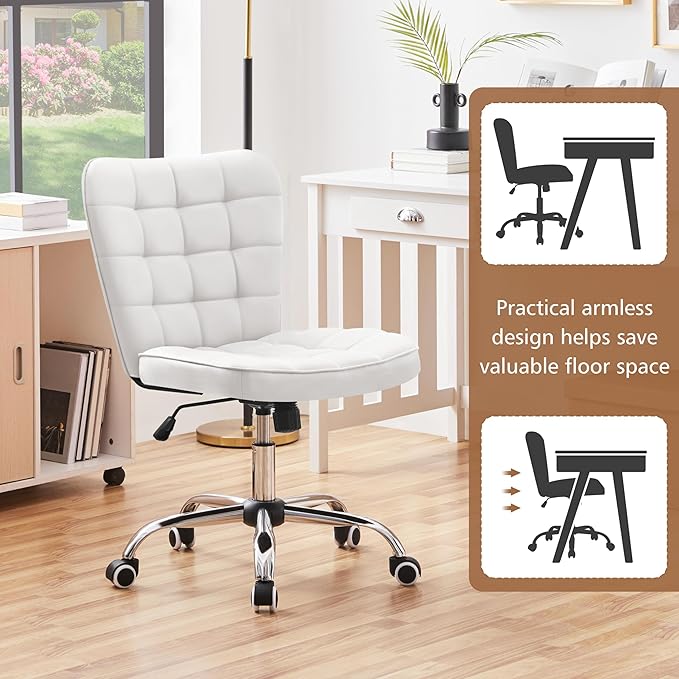 Yaheetech Armless Desk Chair Modern Tufted Office Chair Faux Leather Upholstered Computer Chair with Adjustable Seat Height and Rolling Wheels for Home/Office, White