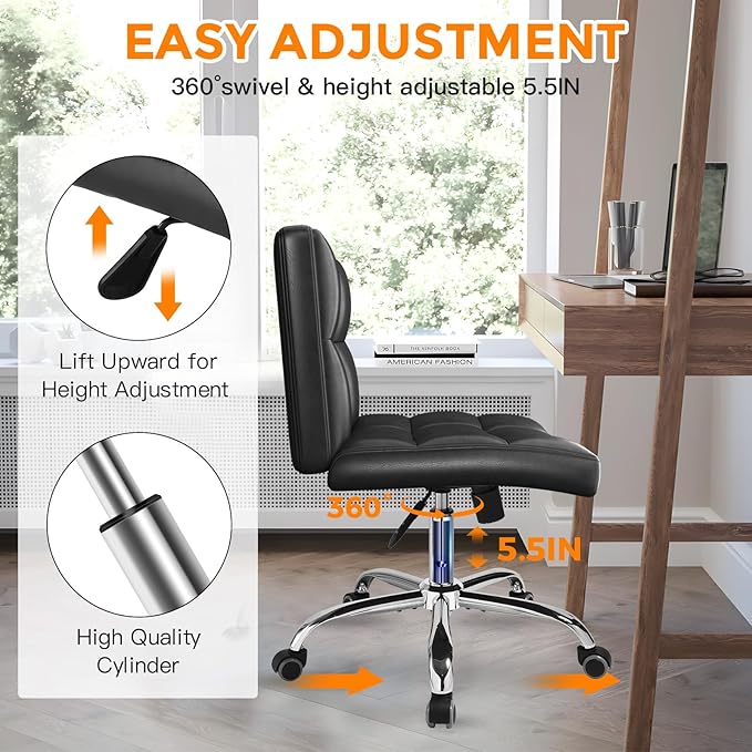 Black Office Chair with Wheels - 360° Swivel Armless Back Support，Comfortable Pu Adjustable Rolling Desk Chairs for Office，Home，Vanity，Bedroom，Big Space (Widened Black)