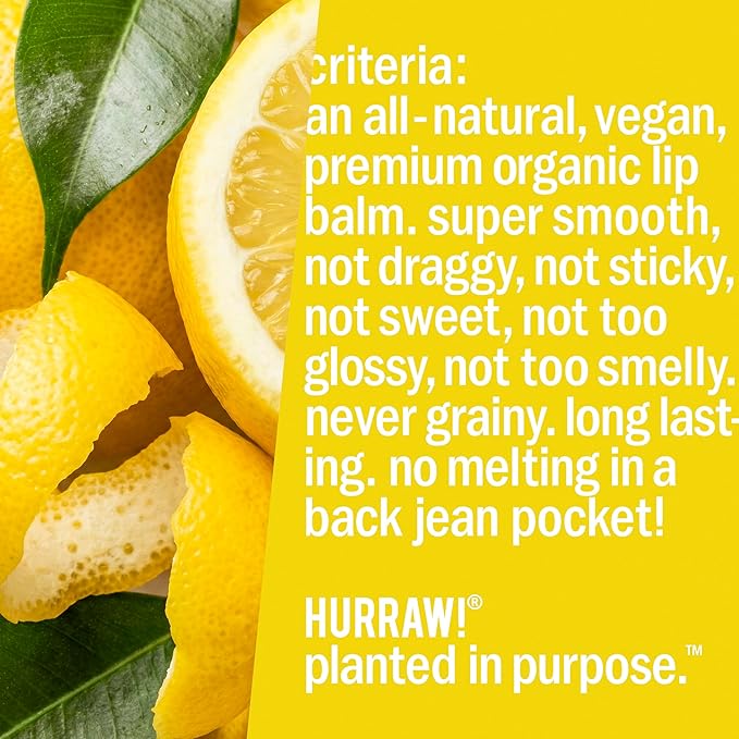 Hurraw! Lemon Lip Balm: Organic, Certified Vegan, Cruelty and Gluten Free. Non-GMO, 100% Natural Ingredients. Bee, Shea, Soy and Palm Free. Made in USA