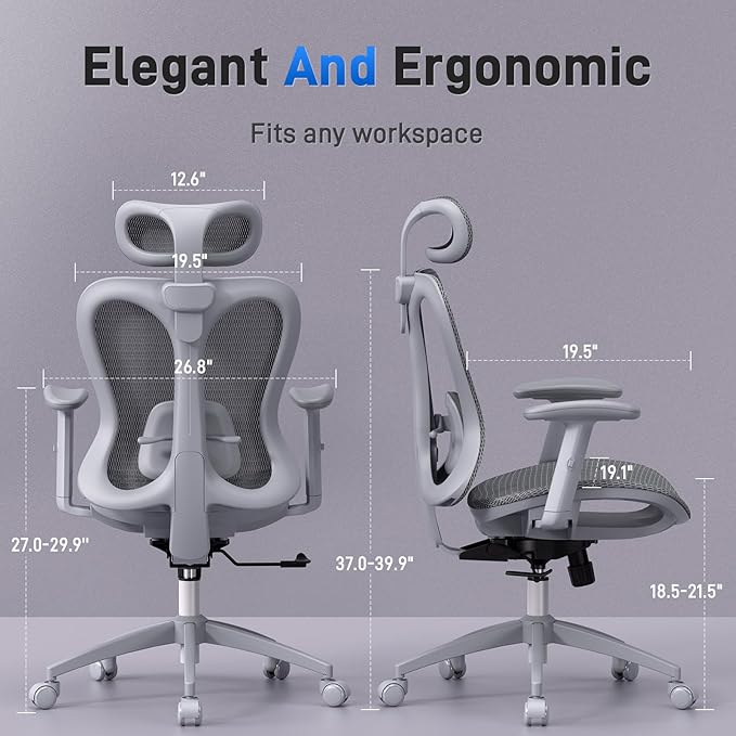 Ergonomic Office Desk Chair, Comfortable Computer Gaming Chair, Breathable Mesh Back & Seat, Adjustable Armrest & Headrest, Lumbar Support, Butterfly Design for Home Office, Gray