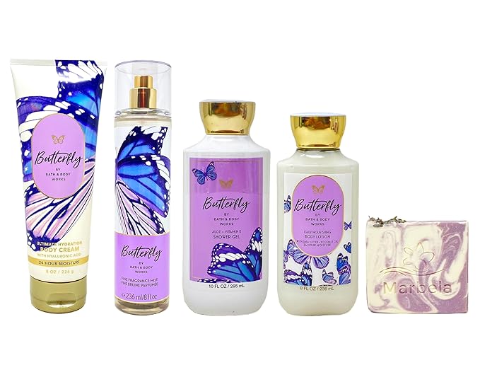 Bath & Body Works Butterfly Deluxe Gift Set - Body Cream - Fragrance Mist - Shower Gel and Body Lotion - with a Lavender Dream Bar Soap - Full Size