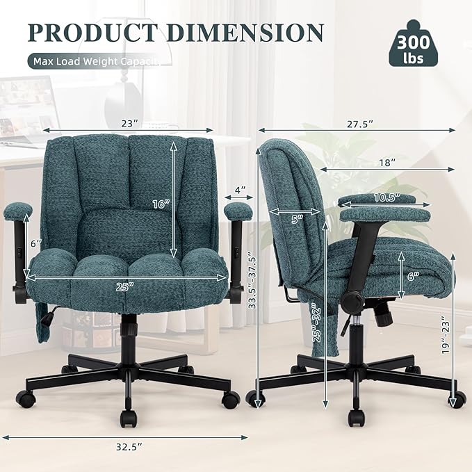 Criss Cross Legged Office Chair with Flip-Up Arms and Wheels, Wide Seat Desk Chair with Built-In Dynamic Airbag Lumbar Support, Modern Cross-Leg Chair for Home Office, Apartment, Vanity, Dark Green