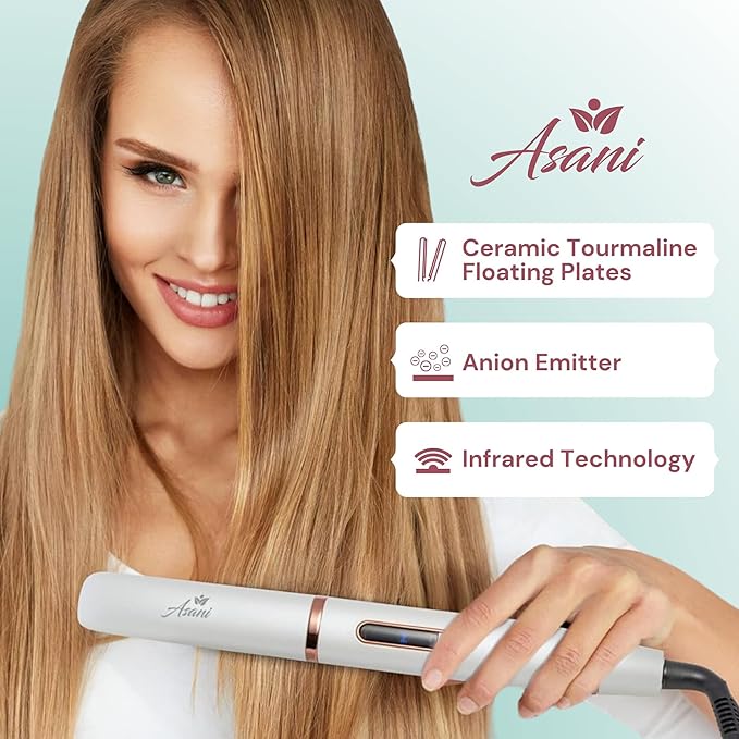 Asani 2-in-1 Flat Iron Hair Straightener and Curler - Negative Ion Technology, Anti-Frizz Ceramic Coating, 5 Heat Settings - Fast Heating Styling Tool for Versatile Looks - Portable