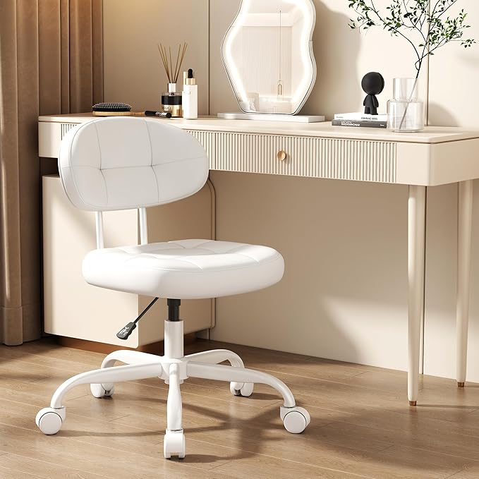 Misolant Vanity Chair with Back, Small Armless Cute office Chair with wheels and Lumbar support, Comfy PU Leather Desk Computer Chairs with Adjustable Height, 360°Swivel for Home Bedroom Office, White