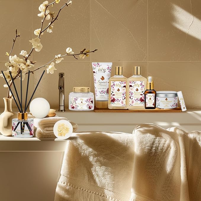 Mothers Day Gifts for Women 17-Piece Almond Luxury Spa Gift Set Bath and Body Gift Basket Set Care Kit with Shower Gel | Christmas, Valentines Day Gift for Mom, Birthday Gifts for Her, Wife, Mom
