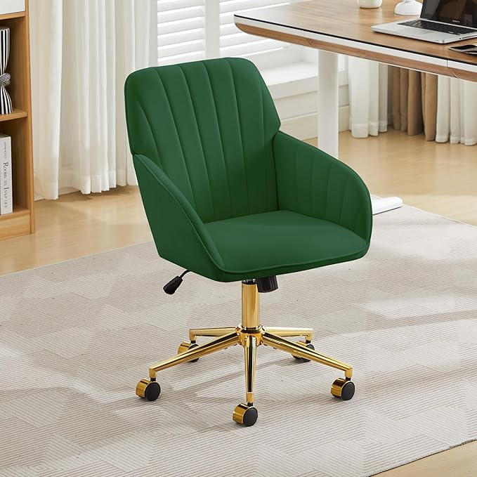 YITAI Velvet Office Desk Chair with Wheels and Gold Base,Modern Height Adjustable 360 Degree Swivel Upholstered Vanity Chairs with Arms for Living Room Bedroom, Study,Green