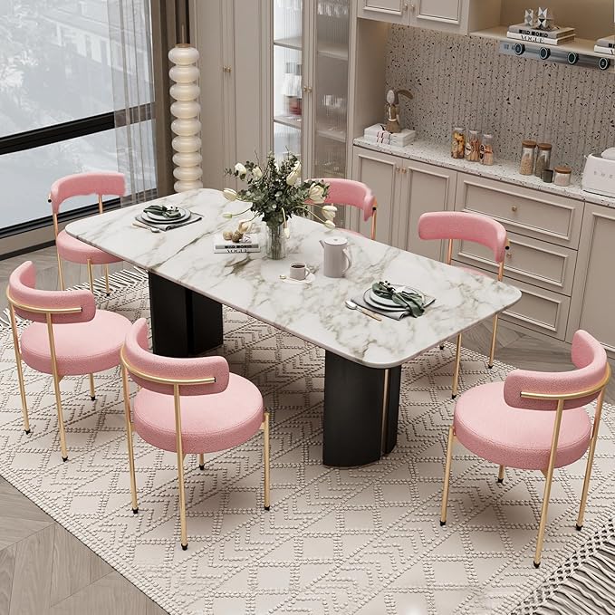 Desk Chair No Wheels Vanity Chair Comfy Accent Chair for Living Dining Room Bedroom Home Office Mid Century Modern Upholstered Armless with Metal Legs (Gold Frame+Pink, 6)