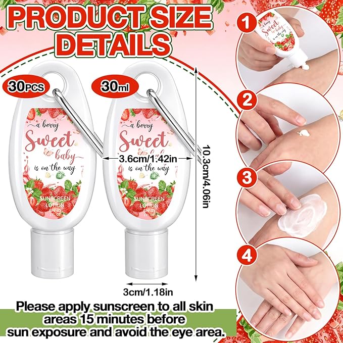 Leelosp 30 Pcs Mini Sunscreen Spf 30 with Carabiner Bulk Travel Size 1 Fl oz Water Resistant Sunblock Lotion Party Favors for Guests Berry Sweet Baby Shower Strawberry Theme Gifts