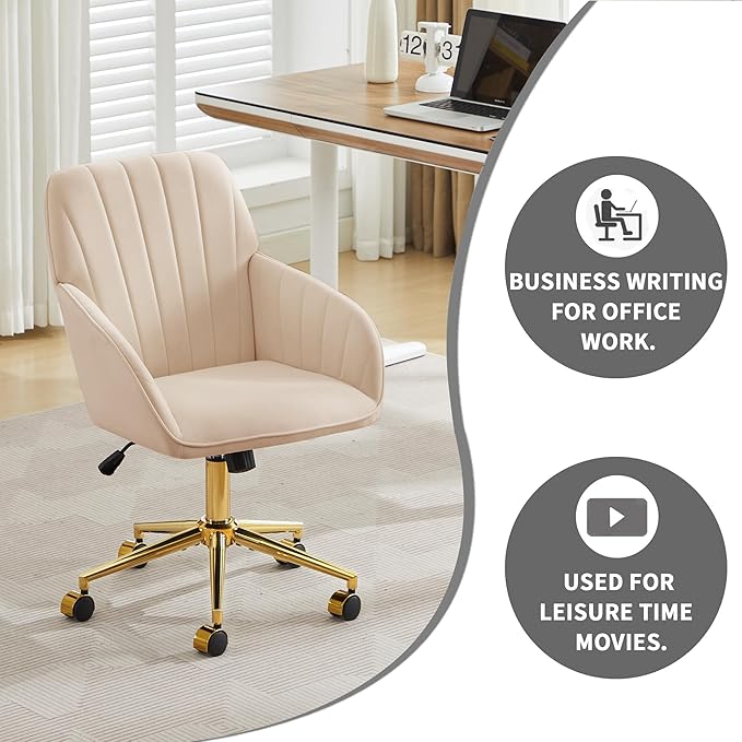 YITAI Velvet Office Desk Armchairs with Gold Base and Wheels,Modern Height Adjustable 360 Degree Swivel Upholstered Vanity Chairs for Living/Room Bedroom/Study,Khaki