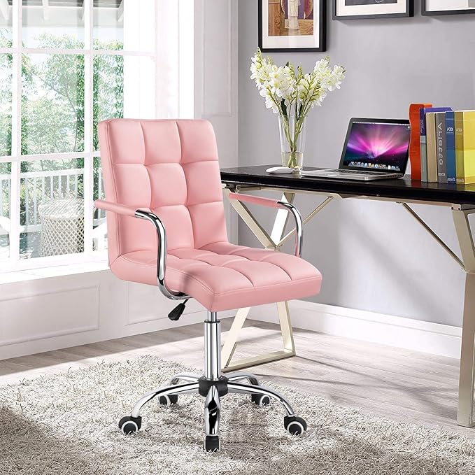 Yaheetech Modern PU Leather Desk Office Chairs with Wheels/Armrests Height Adjustable Home Computer Executive Chair on Wheels 360° Swivel, Pink
