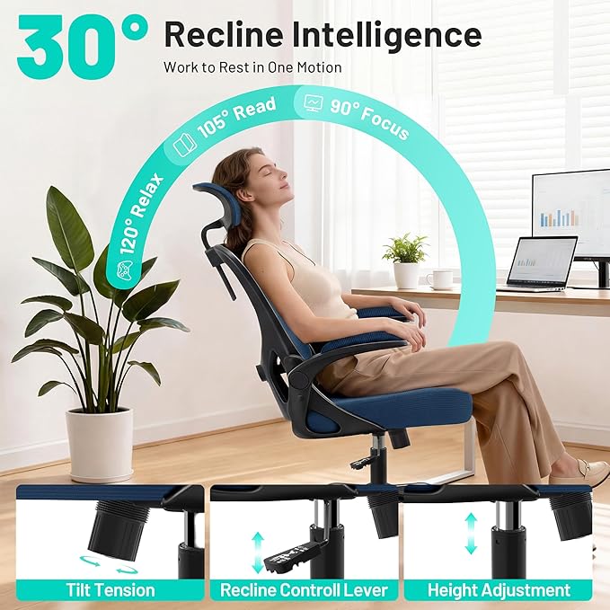 AreShark Office Chair - Ergonomic Desk Chair Breathable Mesh Chair with 2D Headrest & Adjustable Lumbar Support - Executive High Back Rolling Swivel Computer Gaming Chair with Wheels Flip-up Armrests