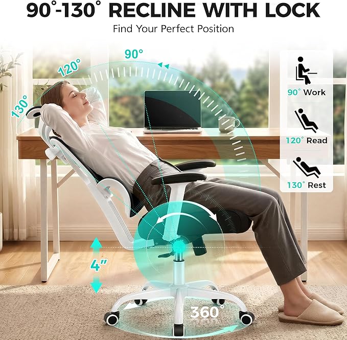 Ergonomic Office Chair High Back Desk Chair with Lumbar Support, Breathable Mesh Computer Chair with Adjustable Armrests Height, Reclining Swivel Big and Tall Gaming Chair for Home Office(White)