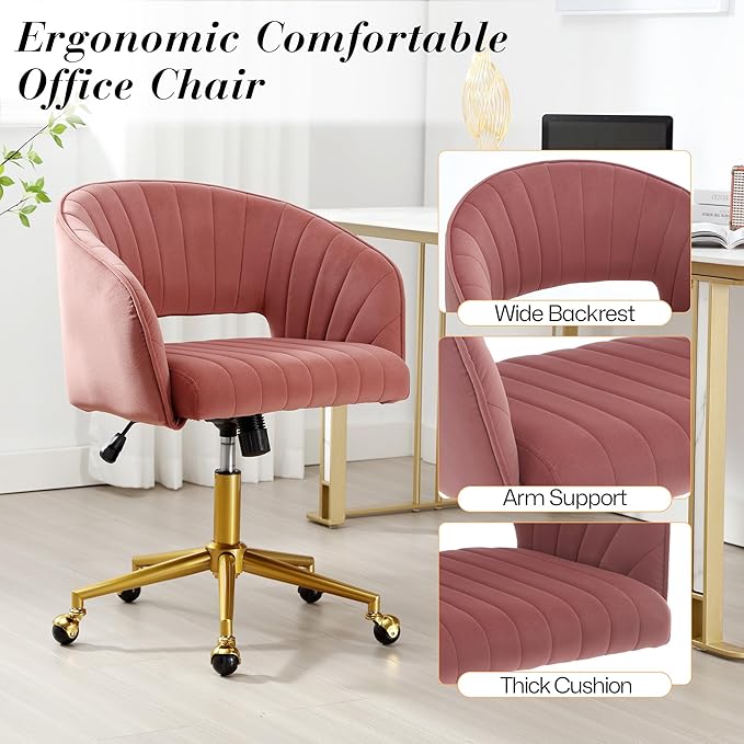 Home Office Swivel Desk Chair, Modern Velvet Vanity Chair, Height Adjustable Armchair with Gold Base, Ergonomic Office Chair for Task Study Computer Room, Rose